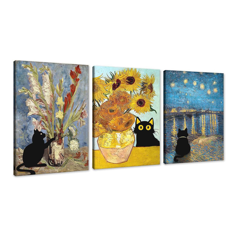 3 Pieces Funny Cat Wall Art Cats In Famous Prints Van Gogh Sunflower Paintings Posters Print For Living Room Bedroom 12X16inchx3pcs
