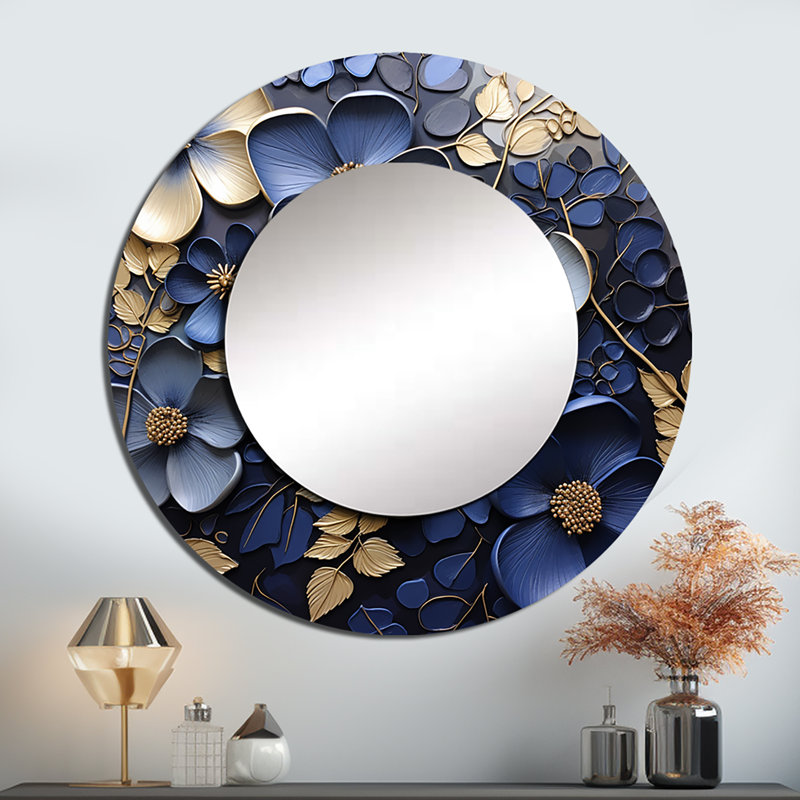 Senon Adorned blue and gold violet beauty - Violets Wall Mirror, Blue Round Decorative Mirror, Printed Metal Art, 23" x 23"