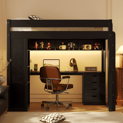 Twin Size Solid Wood Loft Bed with Desk, 4 Drawers & Shelves, LED Light, USB Ports, Bed Frame, Black
