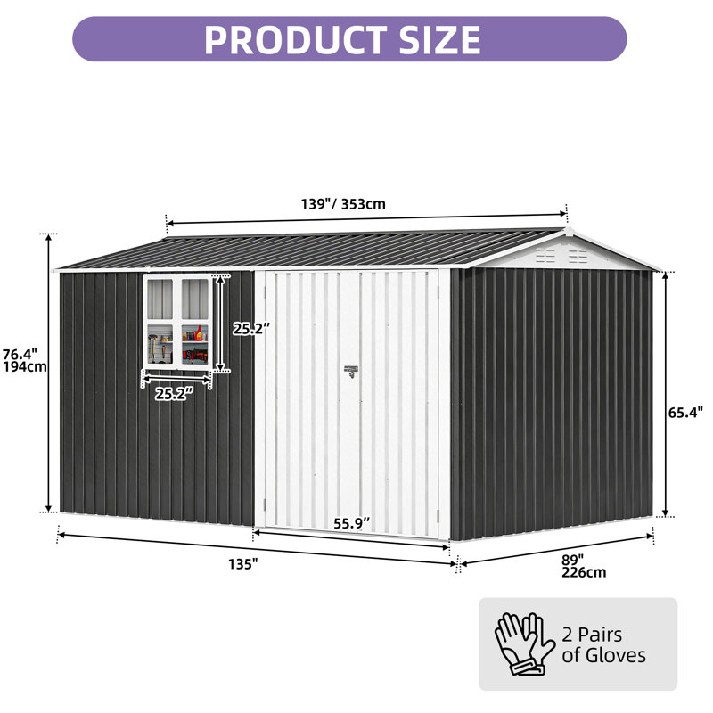Galvanized Steel Storage Shed, 76" H x 139" W x 89" D
