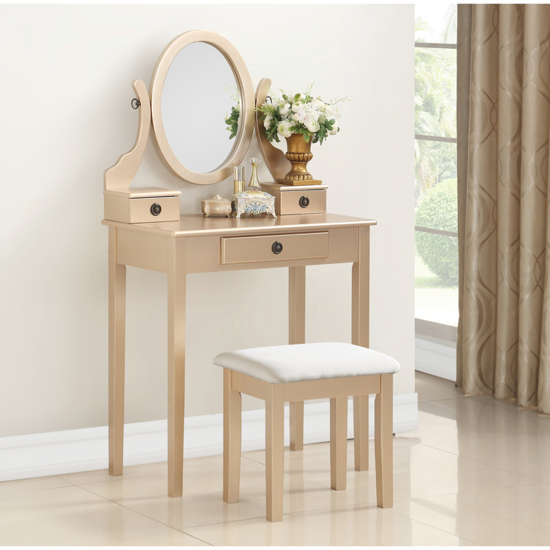 Charming Gold Makeup Vanity Table And Stool, 3 Drawers, Adjustable Mirror Intriguing With Drawer Storage,, Gold