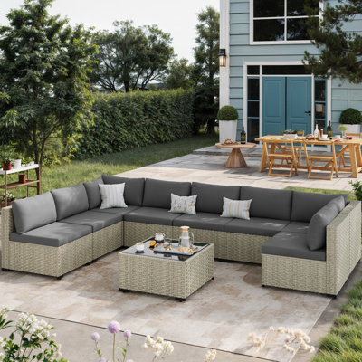 Ensemble de conversation 9 pièces en rotin pour patio avec coussins 9 pièces