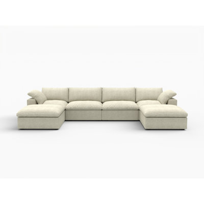 Canapé Gracie Mills Valencia de 160 po en lin mélangé kaki, canapé modulable universel avec pouf et rangement