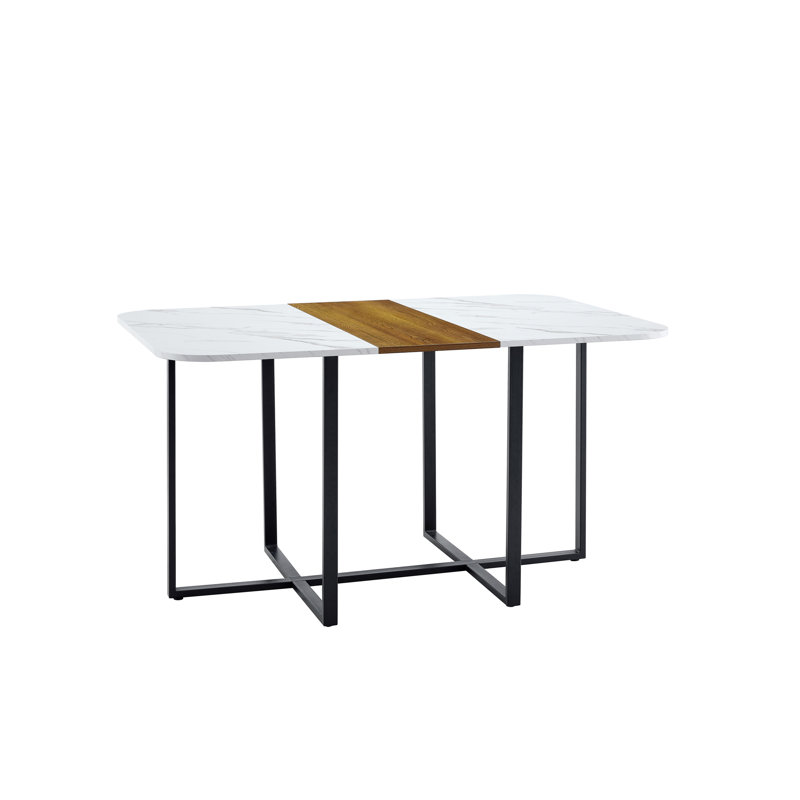 Table moderne à double texture - panneau de fibres à densité moyenne avec marbre et papier laqué à motif de bois, structure en métal noir robuste, table multi-usage 4 à 6 places pour la cuisine / coin repas / bureau à domicile