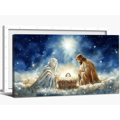 Nativity Scene Wall Art - Oh Holy Night Pictures Wall Decor, Christmas Nativity Scene Canvas Wall Art, Nativity Painting Wrapped Canvas Print for Wall Decor, 16×32 inches