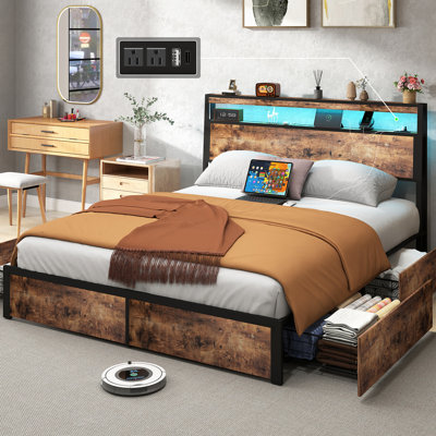 Queen Size Bed Frame with 4 Drawers, Bed Frame with Storage Headboard, LED Lights and Charging Station