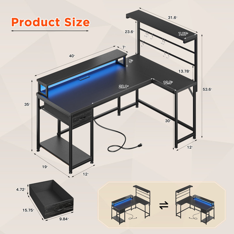 Bureau d'ordinateur de jeu en L avec prises de courant, lumières à DEL et tiroir pour le bureau personnel, Noir