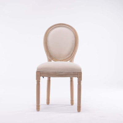 Chaise de salle à manger style français à structure ovale en bois massif avec dossier en lin et tissu, ensemble de 2