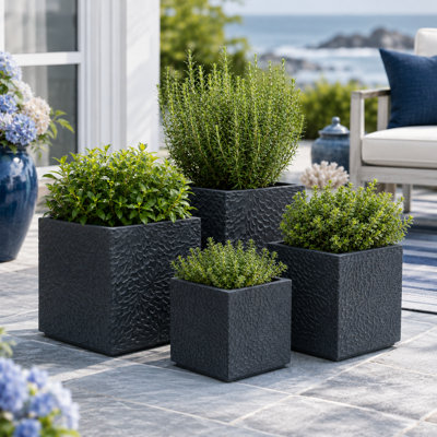 Textured Grey Indoor Outdoor Planter Set, Square MGO Pots for Patio, Porch, Garden, and Living Room