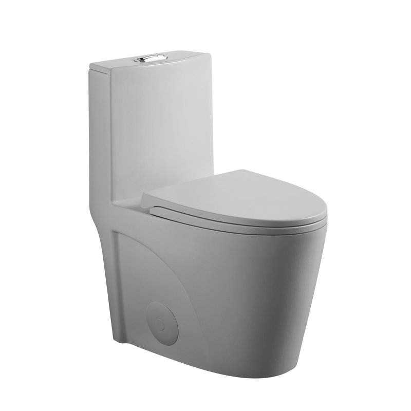 Une toilette avec double chasse d'eau 001. Siège à fermeture en douceur 1,1 / 1,6. Eau, bol allongé. Hauteur, en céramique grise Chasse, hauteur. Pour la catégorisation