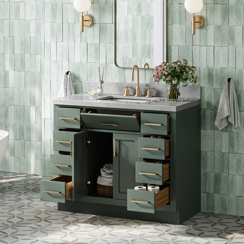 Occhipinti 42'' Solid Wood Single Bathroom Vanity with 1.5'' Carrara Quartz Top, Rectangular, Vintage Green  / Satin Brass