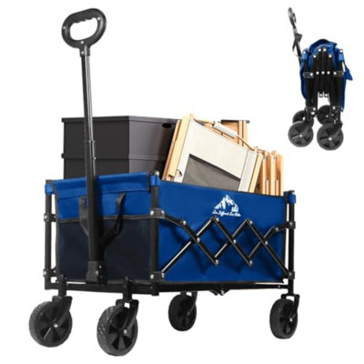 Chariot de jardin pliable de 180 lb avec petite roue, chariot d'extérieur pliable robuste avec roues universelles et poignée réglable, chariot d'épicerie utilitaire pour le camping, les sports, le bleu