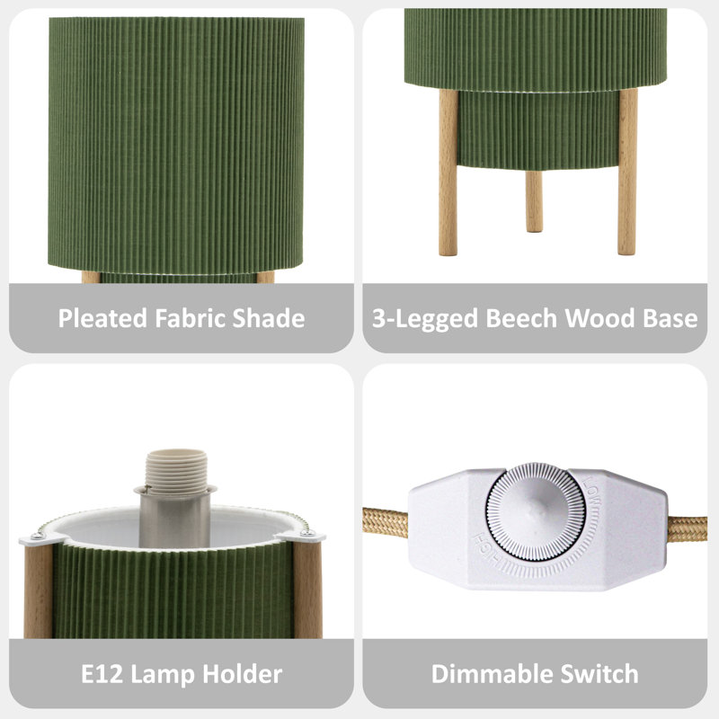 10'' Dimmable 2-tier Green Pleated Fabric Shade Table with Natural Rubber Wood Base and E12 Lamp Holder, cULus Certified for Bedroom Nightstands, Living Room Side Tables, Home Offices or Entryways