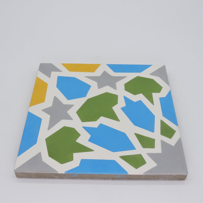 Bahja 8" x 8" Cement Patterned Wall & Floor Tile, Yellow/Green/Light Blue