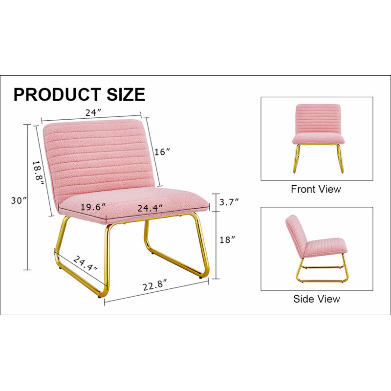 One White minimalist armless sofa chair with plush cushion and backrest paired, Pink Plush