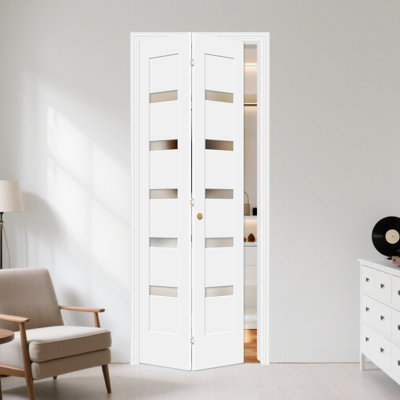 Porte pliante en bois blanc avec petit noyau en verre givré 5 pièces avec quincaillerie d'installation