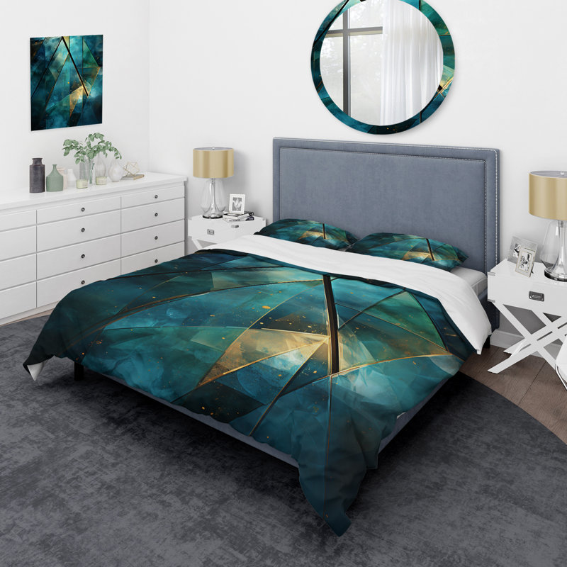 Ensemble de housse de couette Emerald Blue Pyramid Shapes II - Abstract Modern Shapes