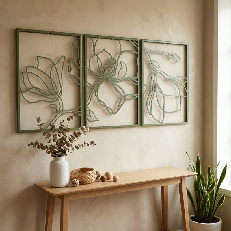 Ensemble de 3 décorations murales en métal, H 27 po x l 54 po x P 1 po, Vert