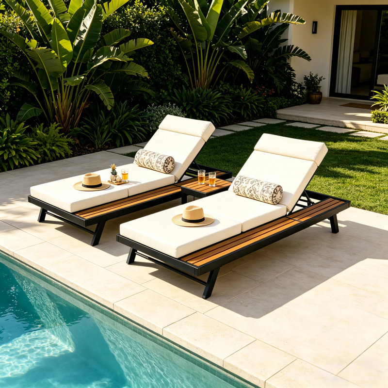 Méridiennes de patio réglables avec rangement, bord de piscine moderne en métal et bois