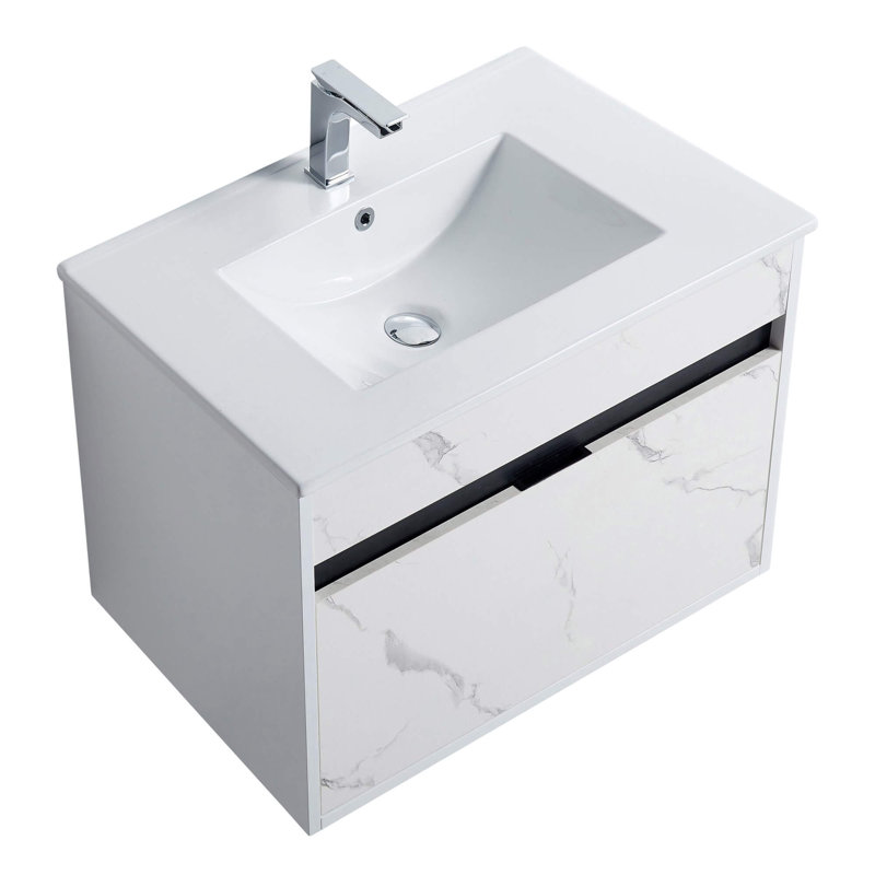 Kynlyn 30'' Single Bathroom Vanity with Ceramic Top, White Marble