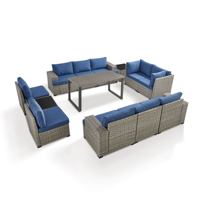 Clute Arnoltice 10 - Person Outdoor Wicker Rattan Patio Sectional Seating Group With Armless Chairs And Dining Table, Blue