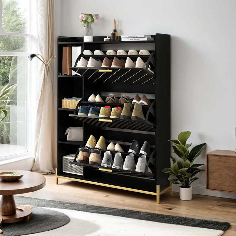 Range-chaussures avec 3 tiroirs rabattables et tablettes ouvertes, armoire de rangement pour chaussures moderne et étroite, étagère à chaussures étroite