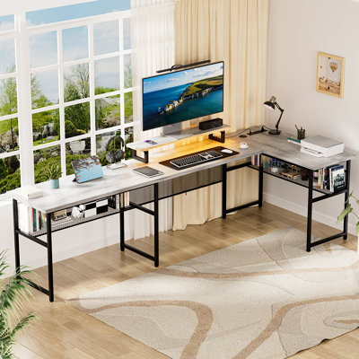 Bureau d'ordinateur en U de 83 po avec bande lumineuse à DEL et douilles Manasa