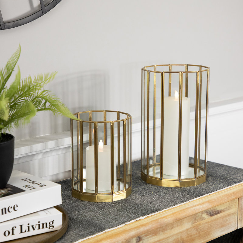 Glass Hurricane Mirrored Pillar Candle Holders - 11.75" - Brass Finish - Set Of 2