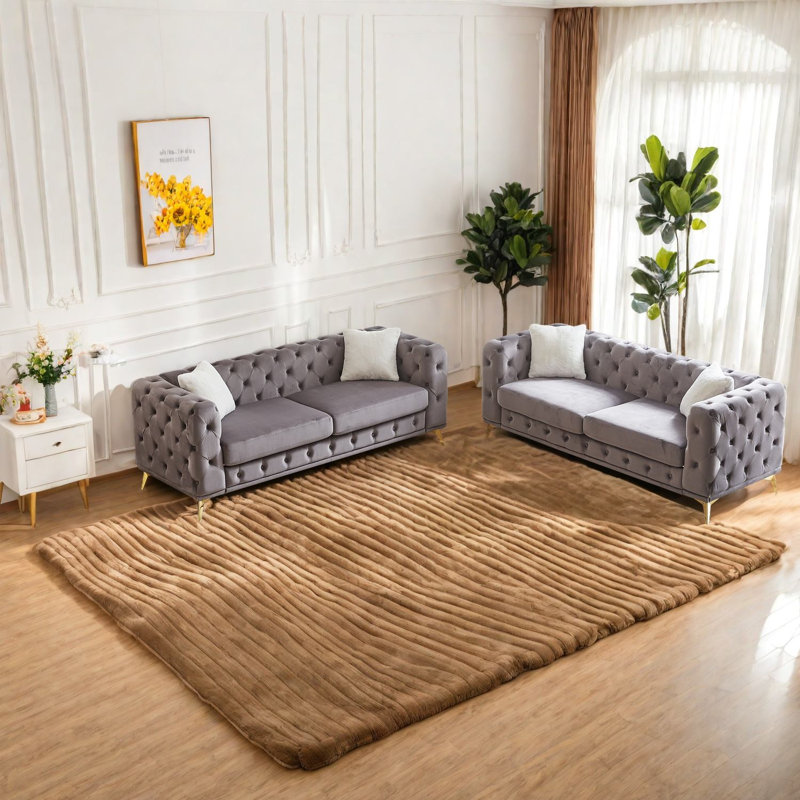 Compression 3 Seater Sofas, Grey Velvet Modern Tufted Set For Home