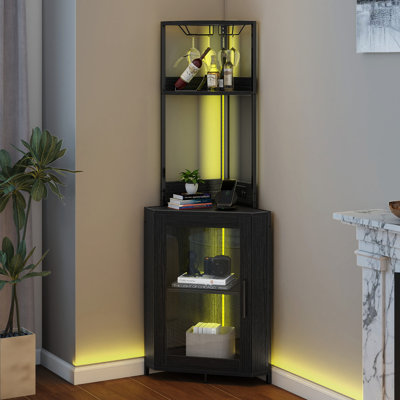 17 Stories 62"H Corner Wine Cabinet, Bar Cabinet With LED Lights, Glass Holder And Adjustable Shelves