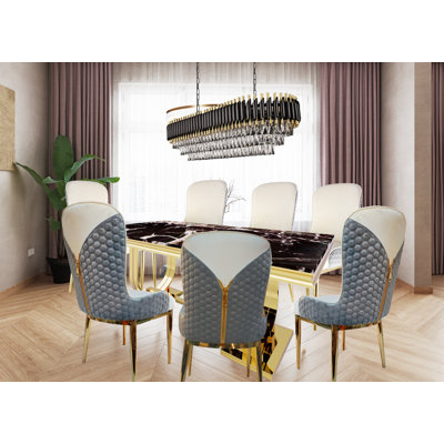 Brayden Studio® Inc 80 Inches Faux Marble Dining Table Set For 6 With Stainless Steel Base And 37" Dining Chairs