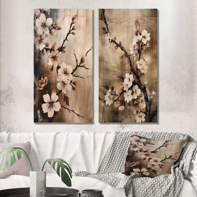 Cerisier en fleurs brun foncé - ensemble de 3 décorations murales en métal cerise, H 32 po x l 32 po