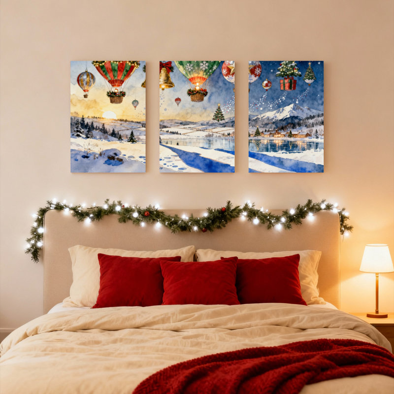 Ensemble de 3 tableaux sur toile représentant des montgolfières de Noël et un paysage d'hiver, H 18 po x l 36 po