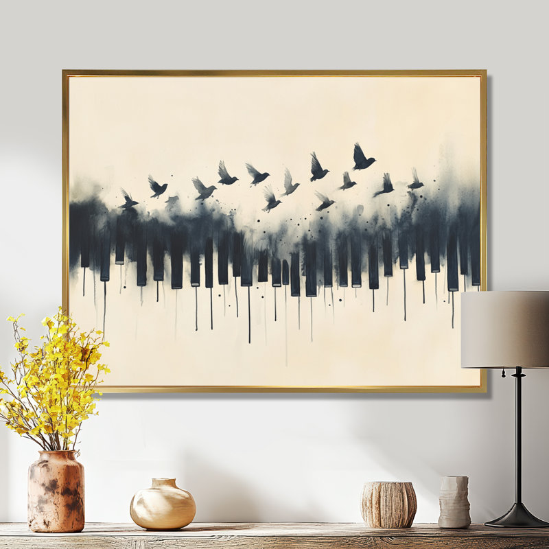 Touches de piano qui prennent leur envol - Tableau sur toile musical, H 12 po x l 20 po, Cadre flottant doré