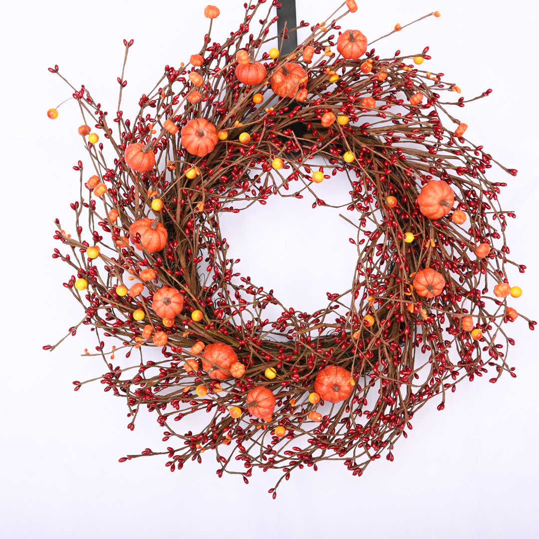 24" Faux Fall Thanksgiving Day Pumpkin Berry Wreath for Front Door The Holiday Aisle® Wreath