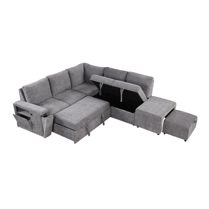 U_STYLE Canapé-lit gigogne en L avec rangement et ports USB, revêtement en polyester gris