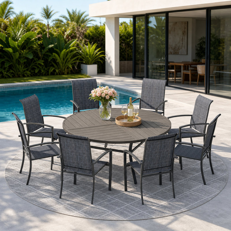 8-Person Round Patio Dining Set With Stackable Textilene Chairs, Brush Wood Gray/Black