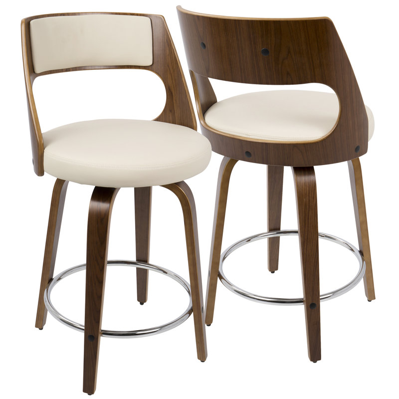 Betuel Swivel Upholstered Counter Stool with Solid Wood Frame, Cream Faux Leather/Walnut Frame, Bar Stool (29.5" Seat Height)