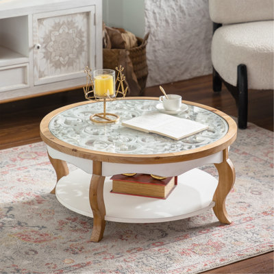 Round Coffee Table, Circle Center Table with Curved Legs and Removeable Tempered Glass Top, Cocktail Table for Living Room