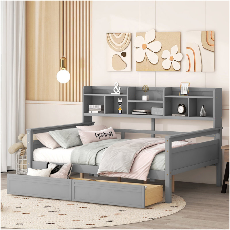 Lit de jour pleine grandeur, support en lattes de bois, avec tablette de chevet et deux tiroirs, gris, Lit double, Gris