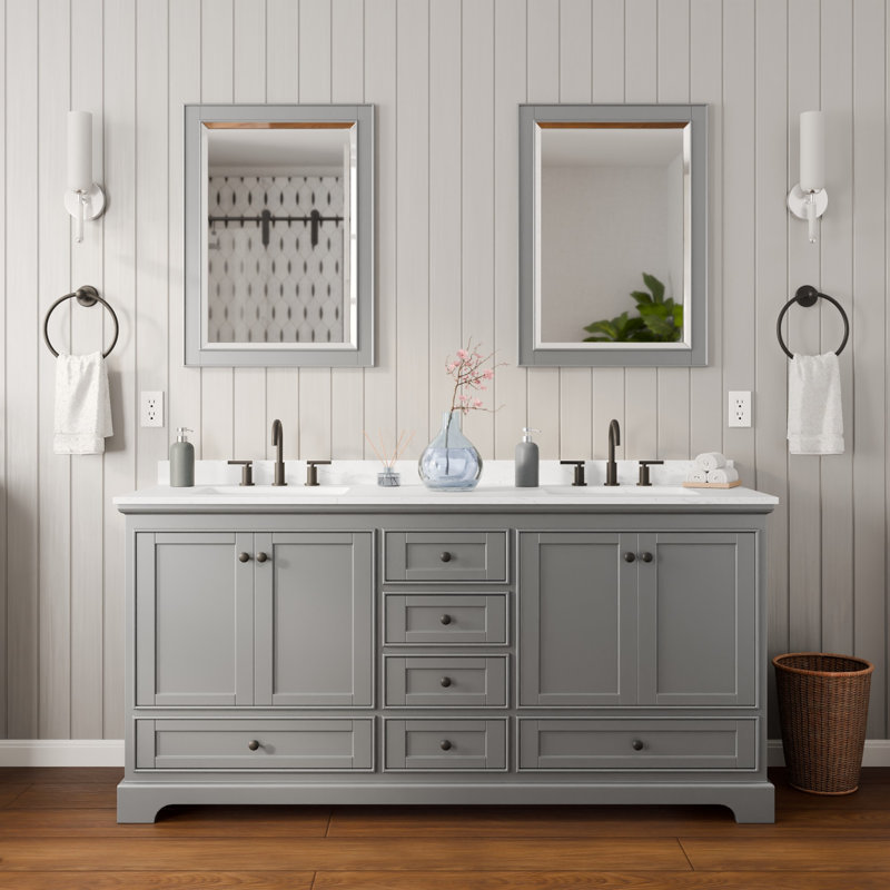 Meuble-lavabo double 72 po Deborah en gris foncé, comptoir en marbre de culture de Carrare, lavabos carrés encastrés (3 trous), garniture noir mat, miroirs 24 po