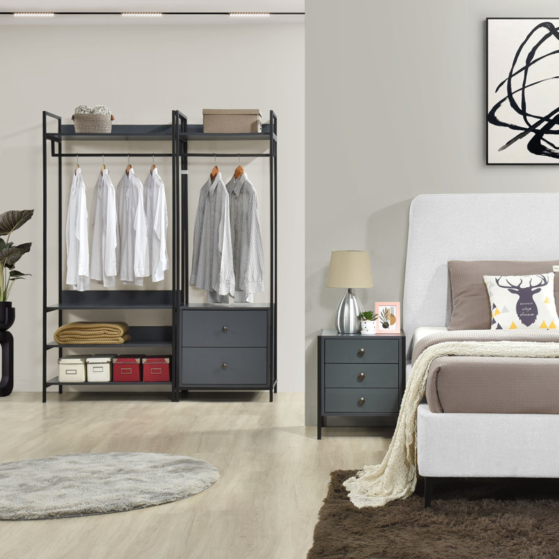 Alva Open Wardrobe With 2 Drawers 3 Piece Bedroom Set, Dark Grey