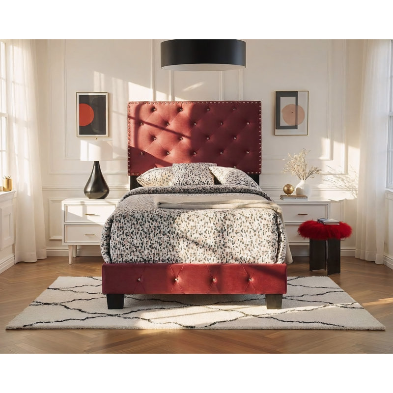 Lit simple en velours cerise Modena, Cerisier, Lit simple