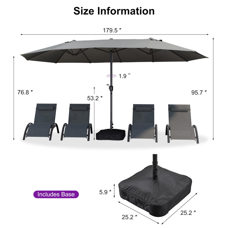 Parasol de marché rectangulaire de 15 pi pour table de jardin rectangulaire en aluminium, Gris