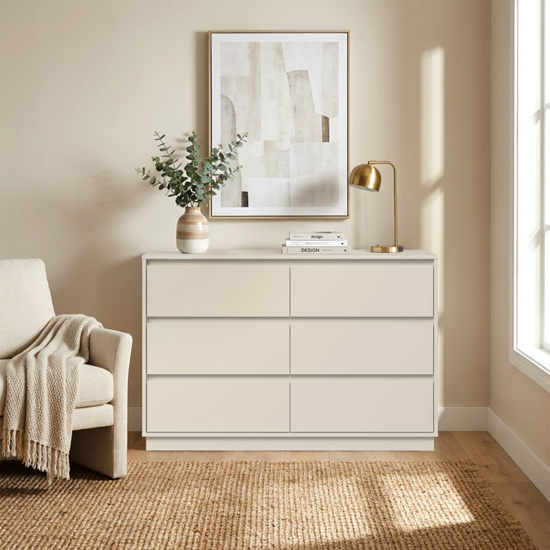 Commode 6 tiroirs 47 po de large avec 2 prises CA, 1 port USB et 1 station de charge de type C, Beige