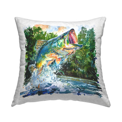 Splashing Bass Fish Outdoor Printed Pillow by LSR Design Studio