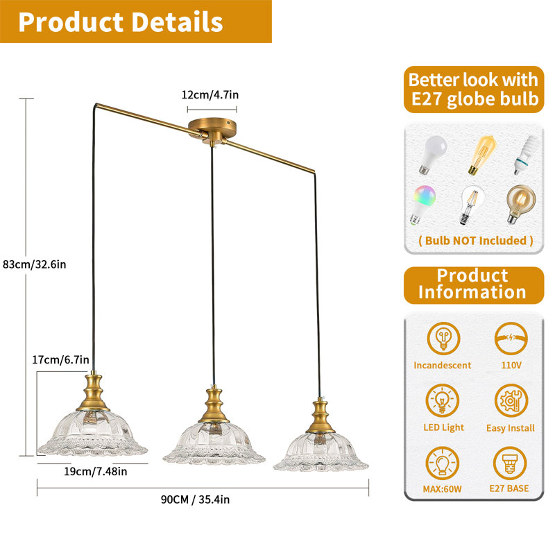 Luminaire suspendu 3 lumières pour îlot de cuisine avec verre