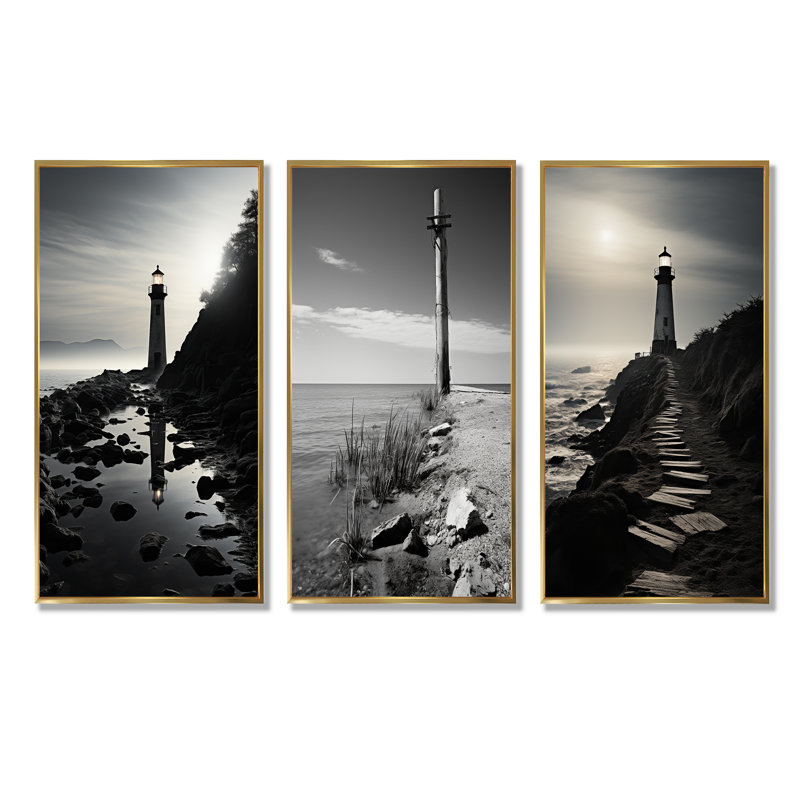 Phare, paysage d'imitation, ensemble d'art mural sur toile, 3 phares, Cadre flottant doré, H 28 po x l 36 po