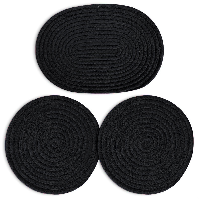 Ensemble de 3 pièces - Napperon rond noir tissé épais épais en coton naturel résistant à la chaleur, Noir