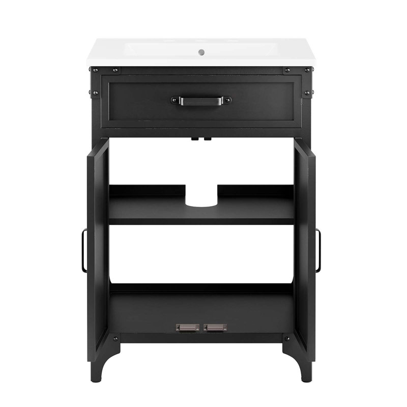 Meuble-lavabo autoportant simple avec plateau en céramique 24,5 po Modway Steamforge, Blanc
